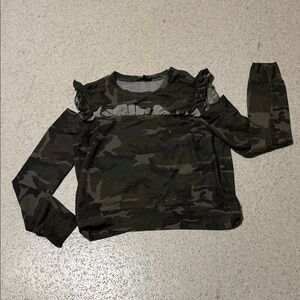 DREW  Camo cold shoulder shirt with Ruffle Accents